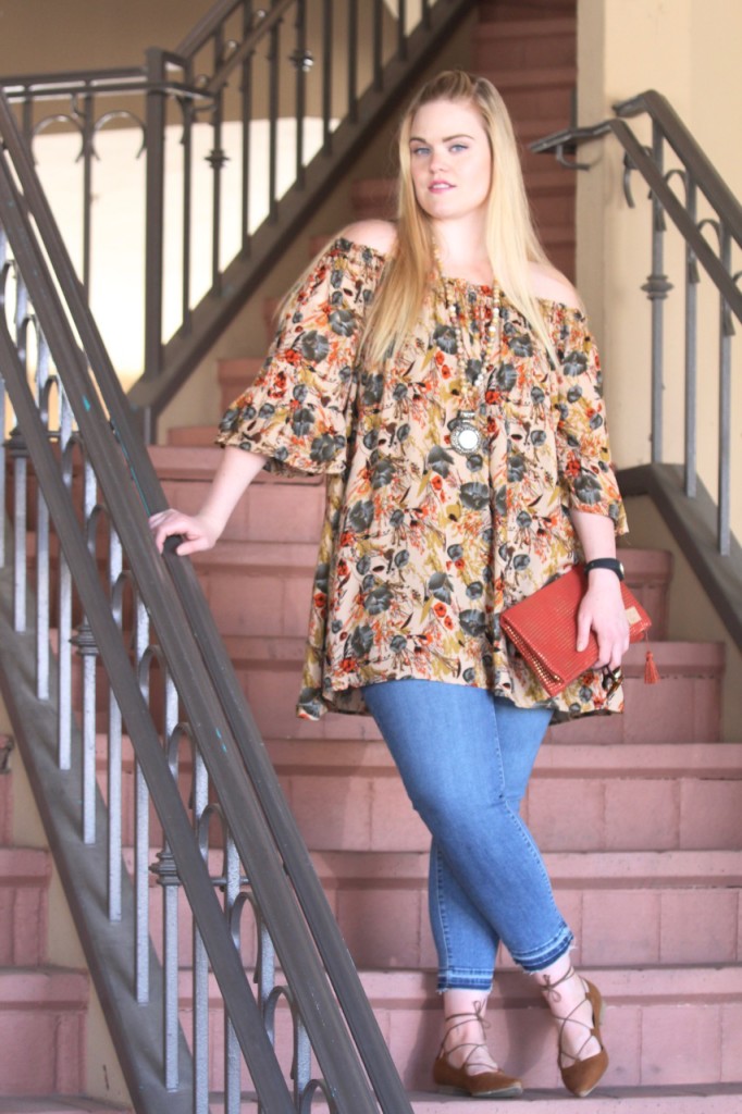 Off-Shoulder for Fall with BohoCheri - Floral Tunic and Cropped Jeans