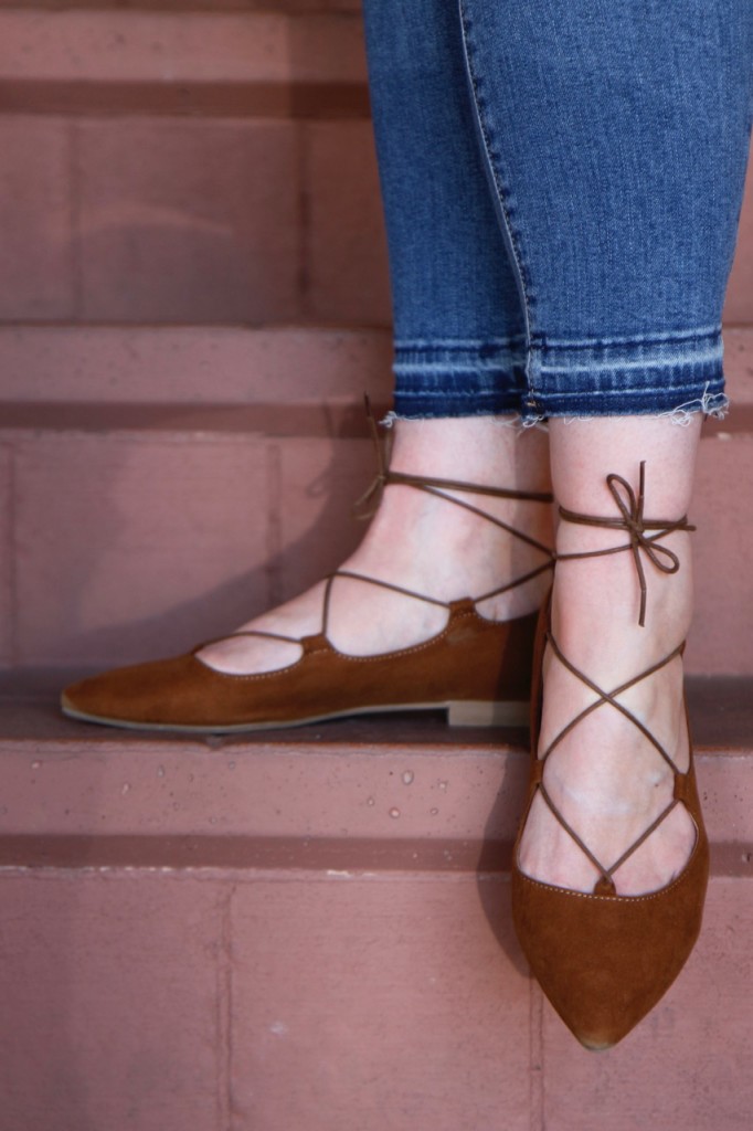 Off-Shoulder for Fall with BohoCheri - Lace Up Flats and Frayed Cropped Jeans