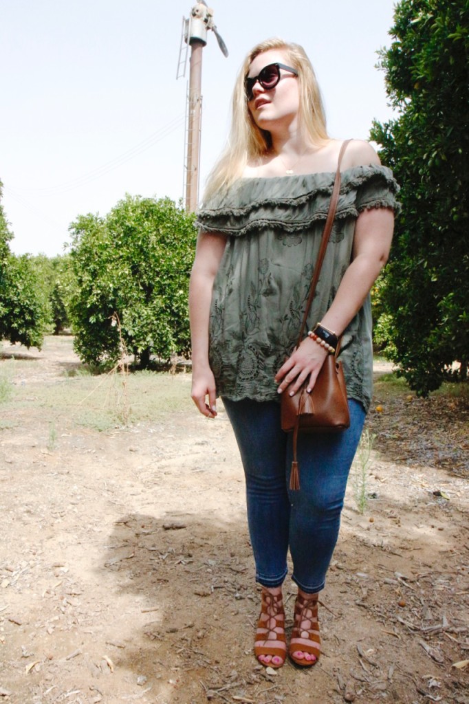 August Stitch Fix - Off the Shoulder Olive Top, Cropped Denim, Bucket Bag