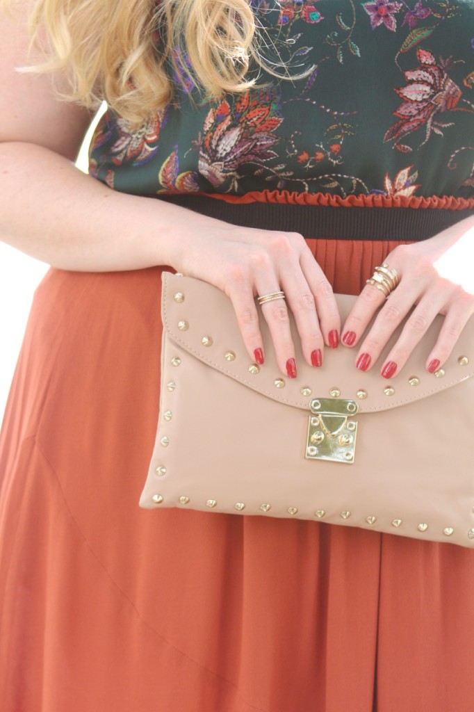 Fall Florals & Rust Skirt - Studded Clutch and Cocktail Ring
