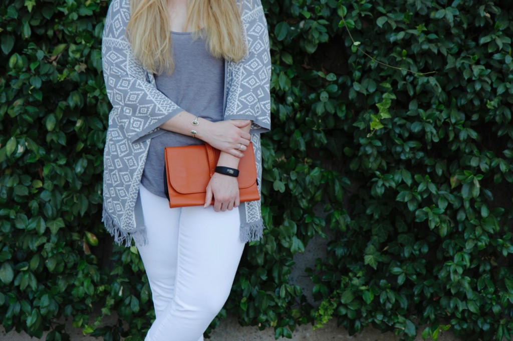 Grey Cardi & Cropped White Denim - Vintage Orange Clutch & Grey Tank