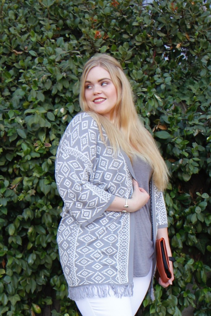 September Stitch Fix - Printed Grey & White Cardigan, Grey Tank