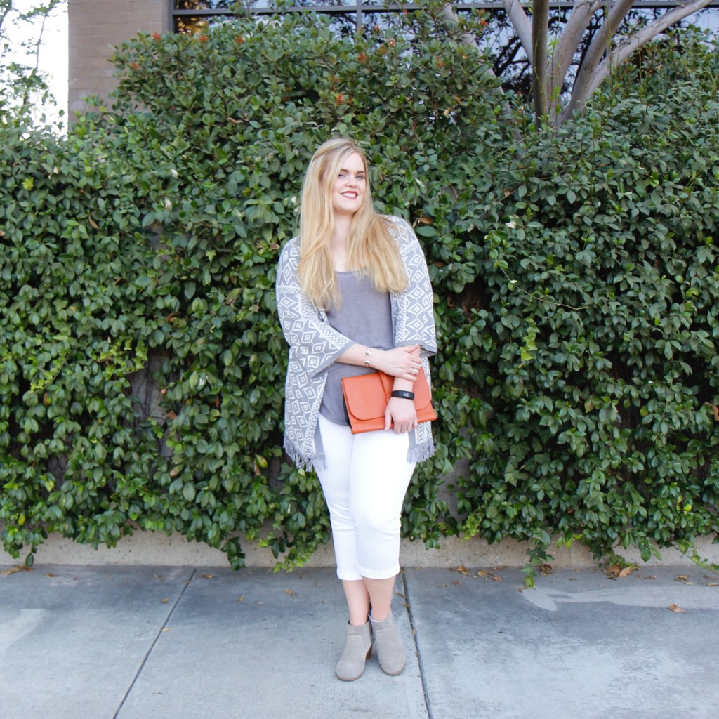 September Stitch Fix - Grey Cardigan, Tank, White Cropped Pants, Ankle Booties