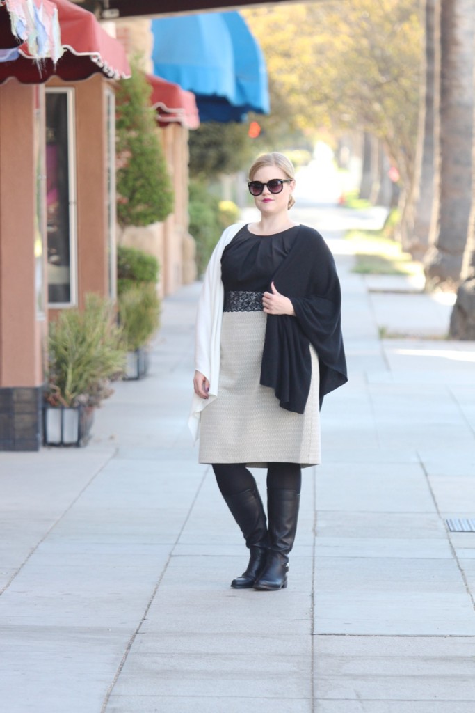 12 Ways to Style an LBD - Black & White Cape, Tights and Boots
