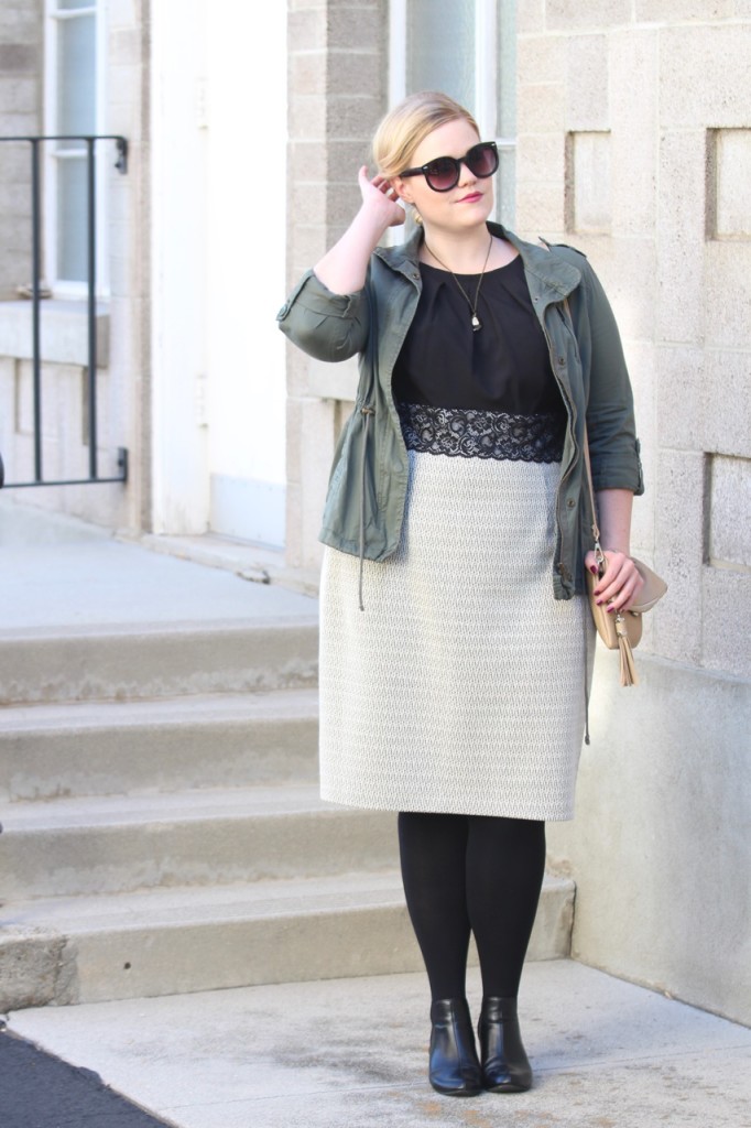 12 Ways to Style an LBD - Casual Chic - Military Jacket, ankle booties, tights