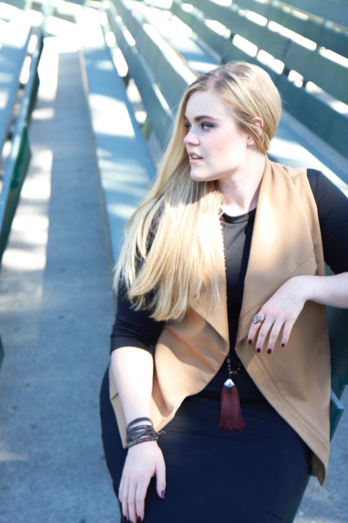 Layering a Midi Dress and a Giveaway! - A Camel Vest on Top of a Black Midi Dress