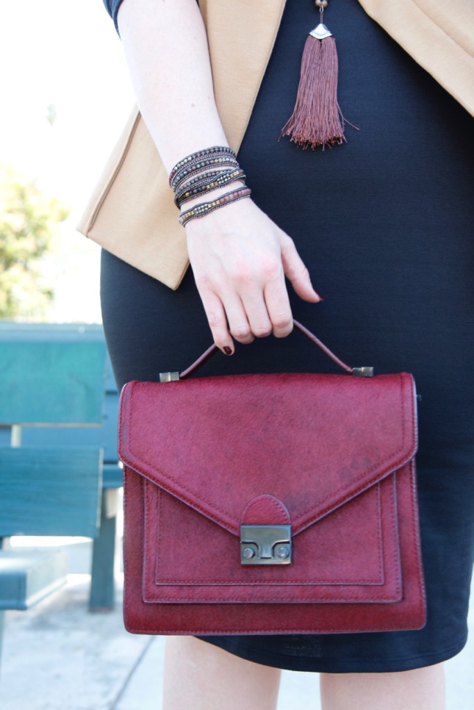 Layering a Midi Dress and a Giveaway! - Beaded Wrap Bracelet and Maroon Bag