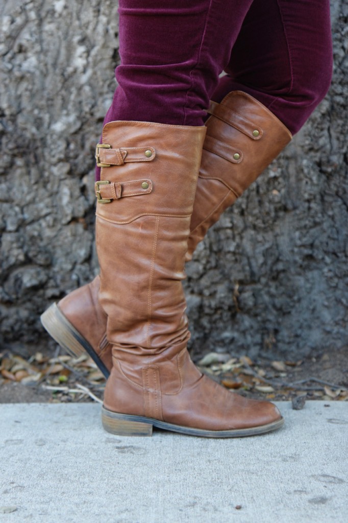 Fall Vibes - Knee High Cognac Boots, Burgandy Cords