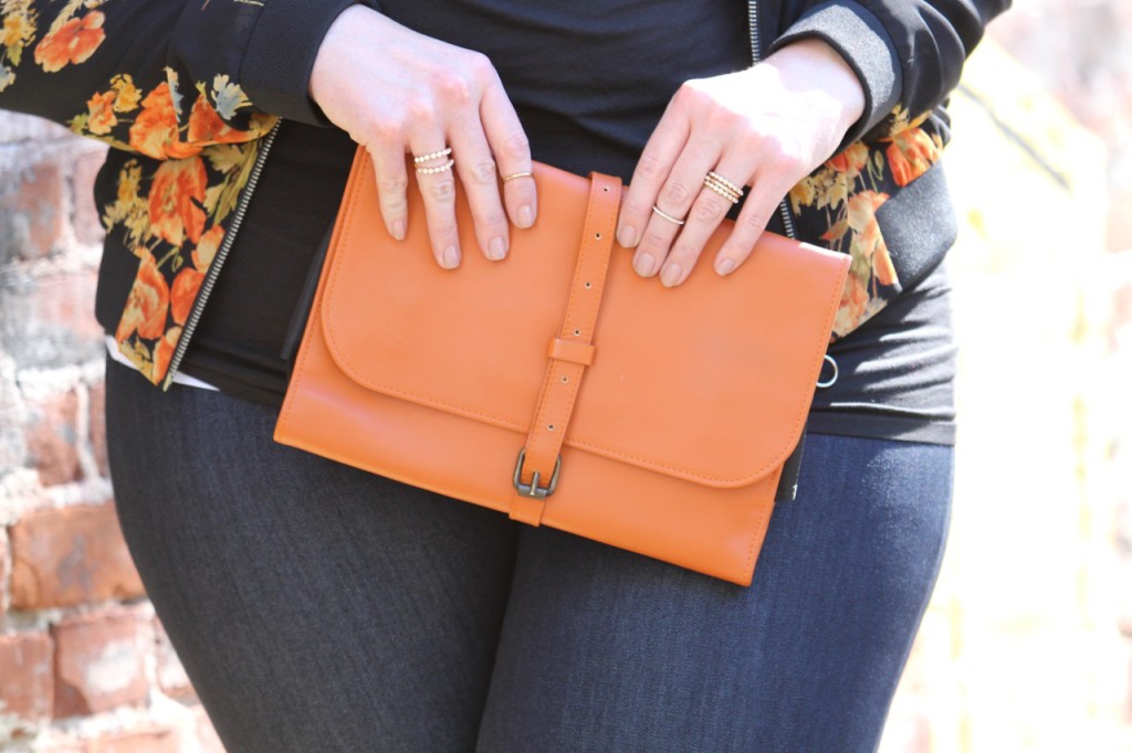 Floral Bomber and Dark Denim - Clutch Detail