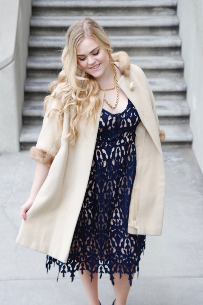 Party Ready with Simply Be - Navy Lace Dress and Vintage Fur Coat