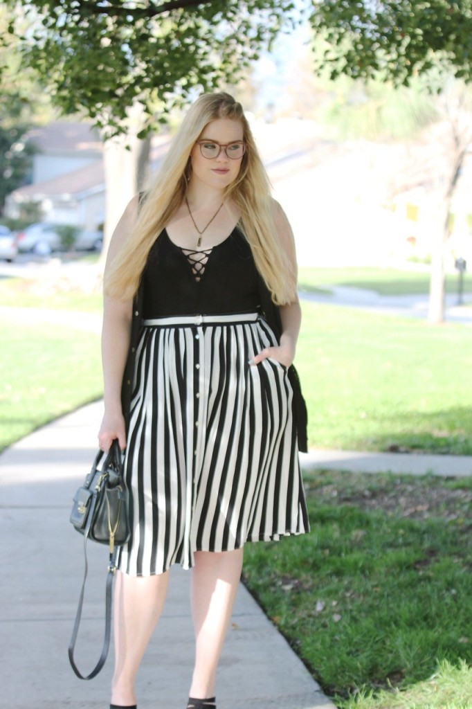 Girls Who Wear Glasses - Bodysuit and Striped Midi Skirt Look