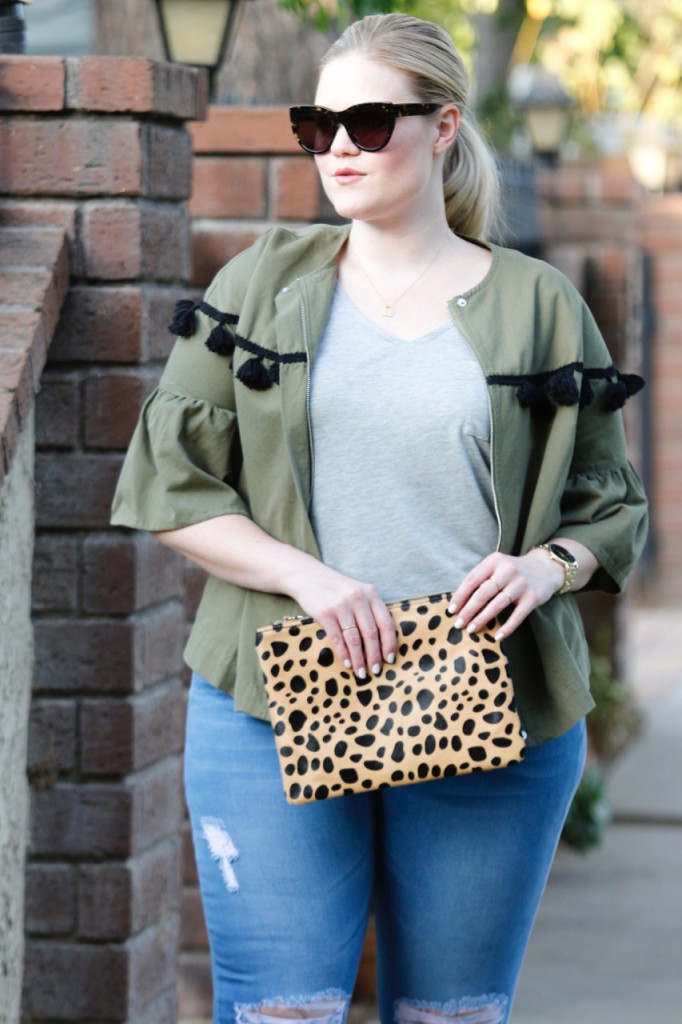 Raen Sunglasses, Nordstrom Leopard Clutch, Olive Tassel Jacket