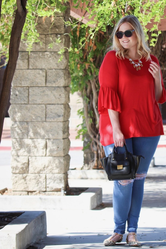 Red Bell Sleeve Top and Distressed Jeans 