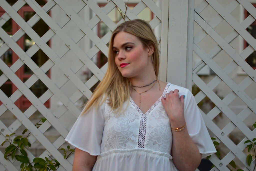 Gozon white lace blouse and layered necklaces 