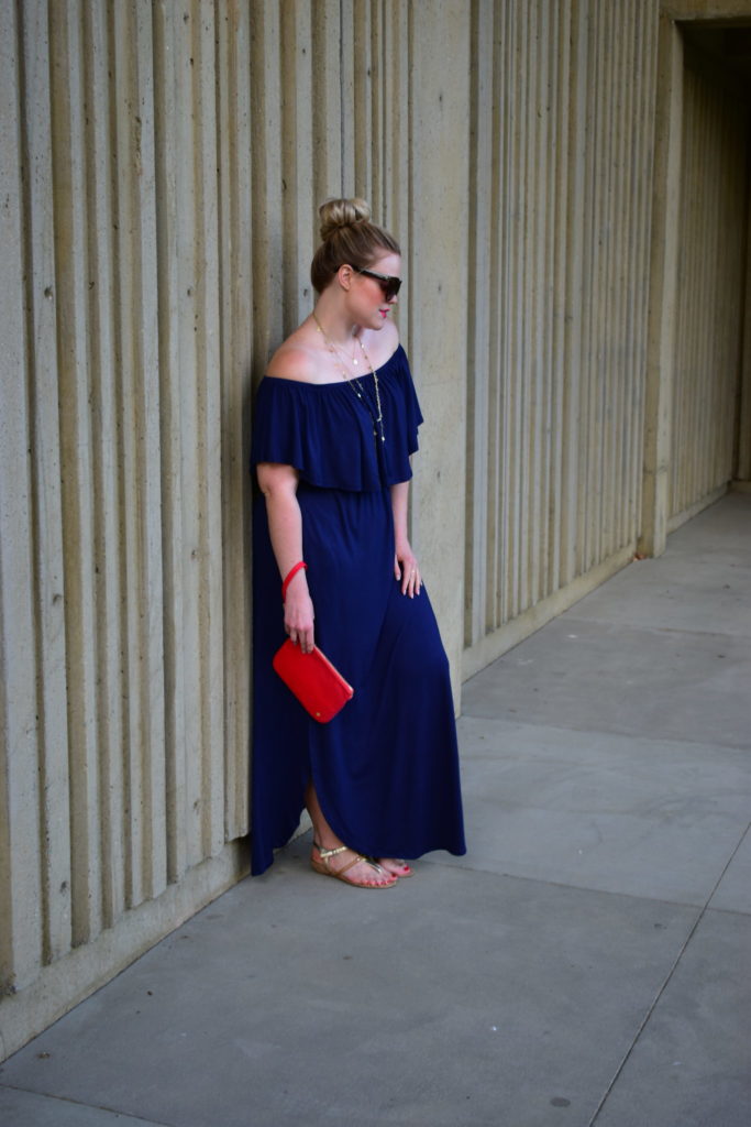 styling a navy maxi dress