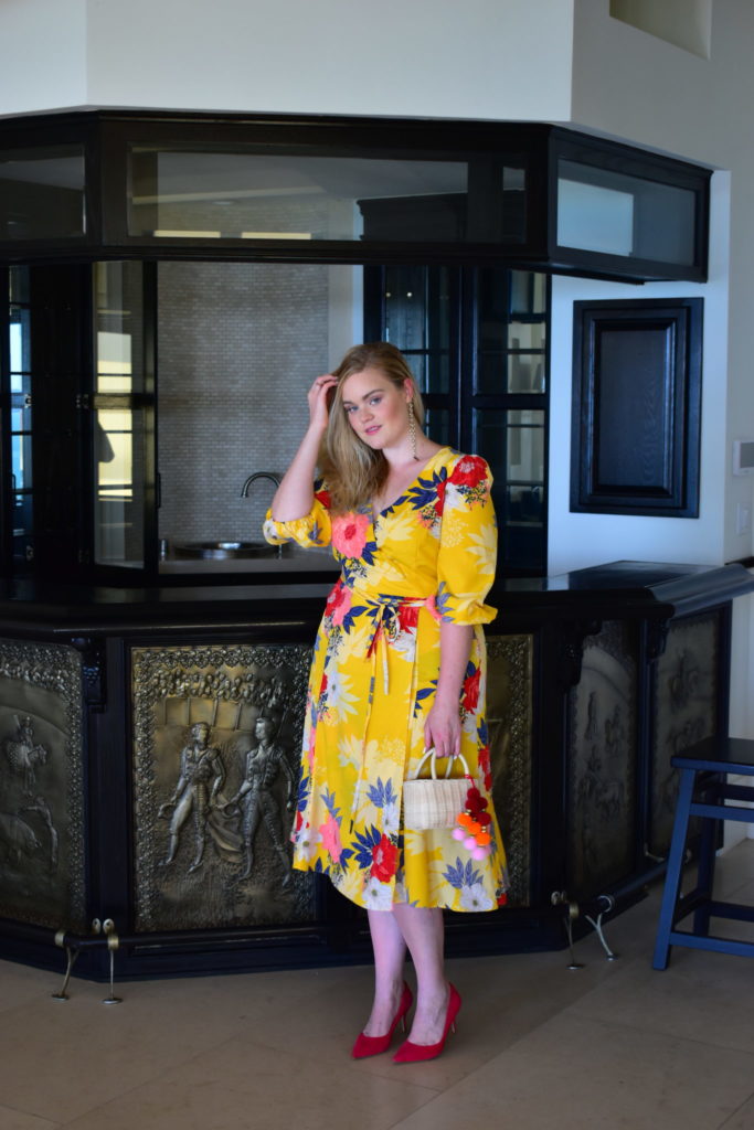 Eliza J Floral Midi Dress and Red Heels