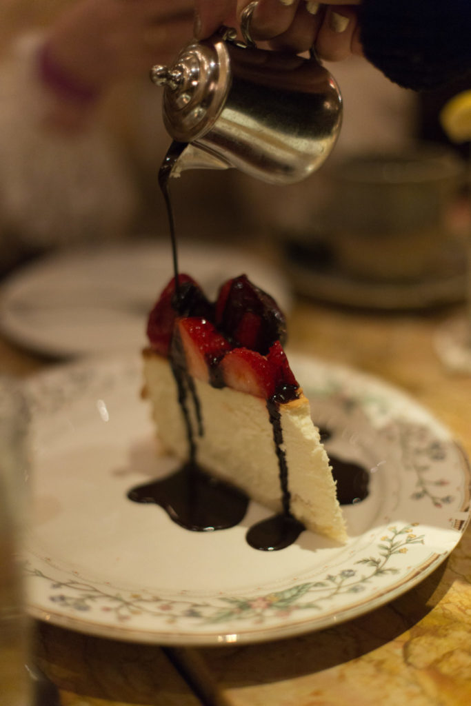 Strawberry Cheesecake with chocolate sauce at Bond 45 New York Restaurant 