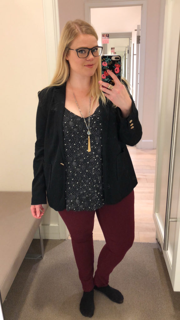 LOFT Winter Collection Try-On Session pairing a black blazer, celestial tank, and colored denim