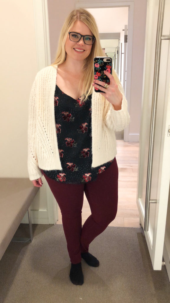 LOFT Winter Collection Try-On - a velvet floral tank, chunky cardigan and colored jeans