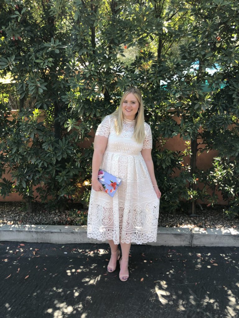 My Epic Bachelorette Weekend - White Lace Midi Dress and Floral Clutch 