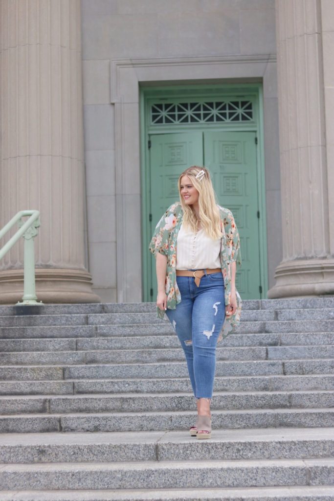 May IG Outfits Roundup - Stitchfix Kimono and camisole, distressed denim, platform espadrilles