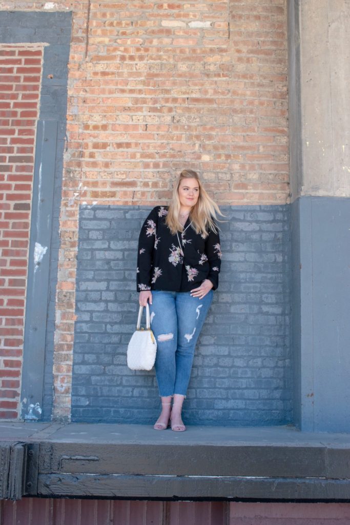 May IG Outfits Roundup - Floral Blouse and Distressed Jeans from StitchFix and vintage bag 