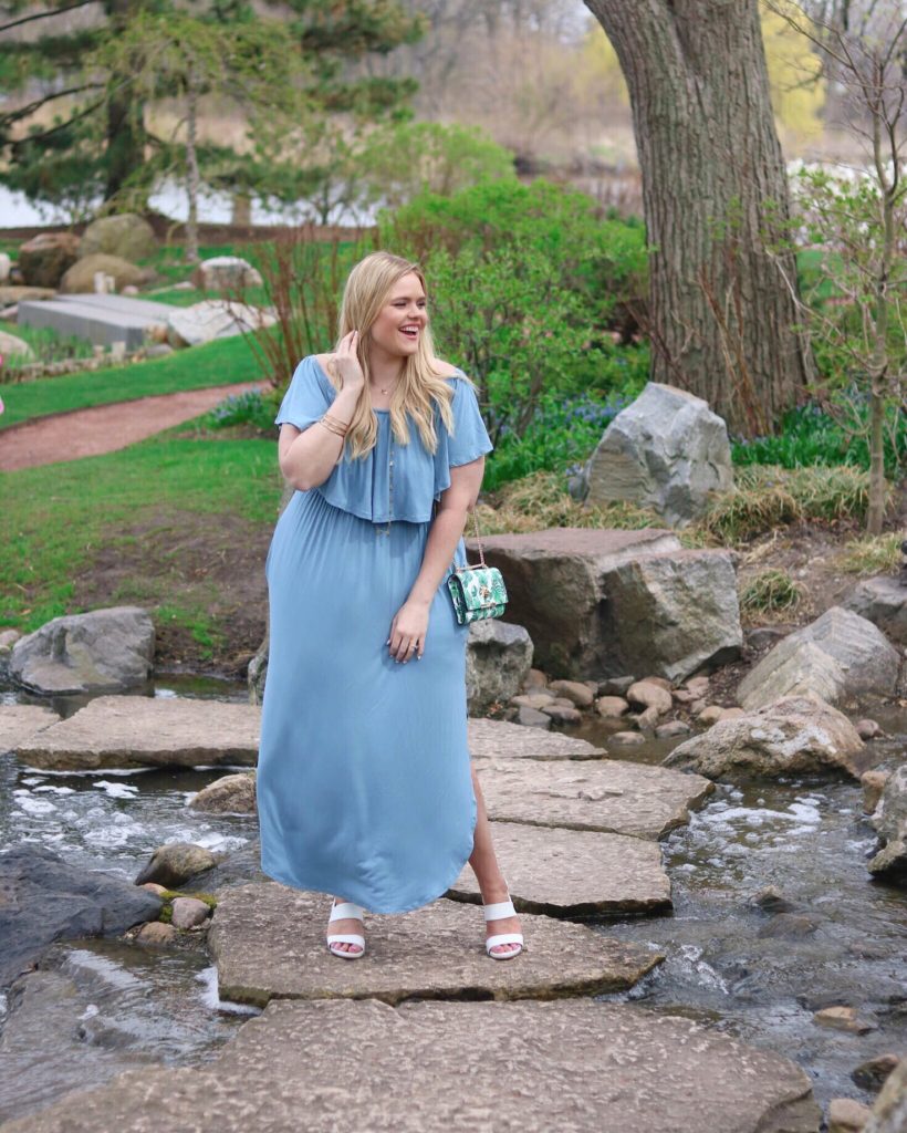 May IG Outfits Roundup - Slate Blue Off Shoulder Maxi Dress and White Sandals 